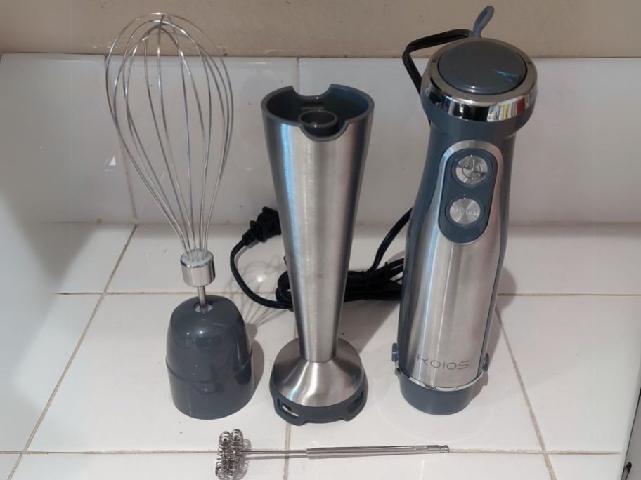 immersion blender and attachments on counter