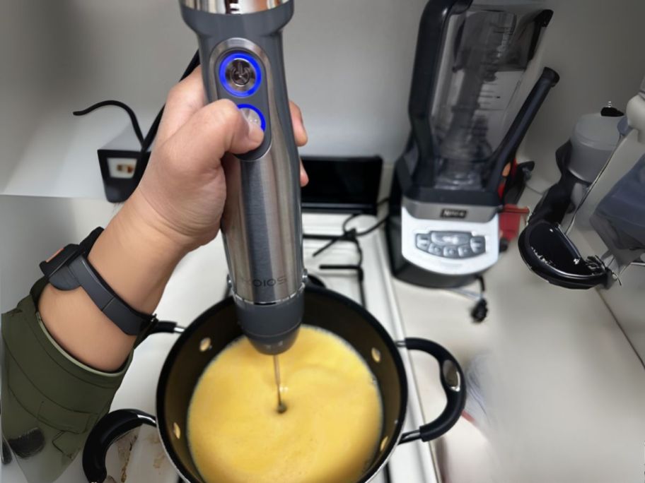 person using immersion blender in pot on stove