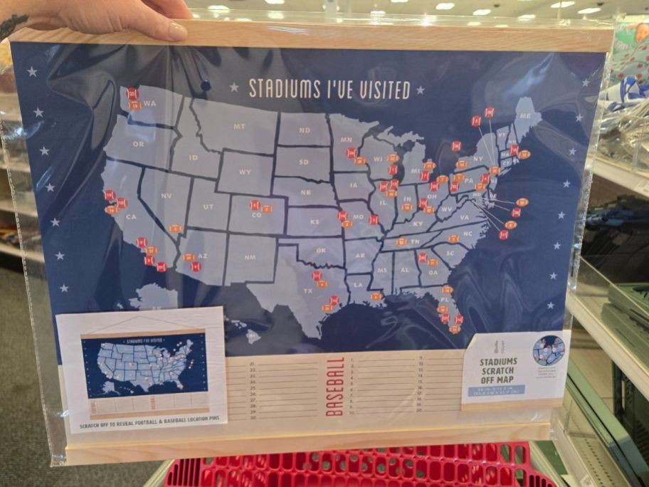 Stadiums I've Visited Scratch Off Map in hand in store
