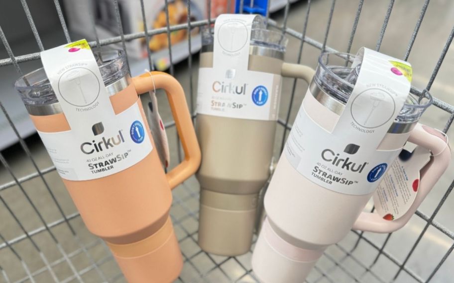 three 40oz cirkul tumblers in different colors in a shopping cart