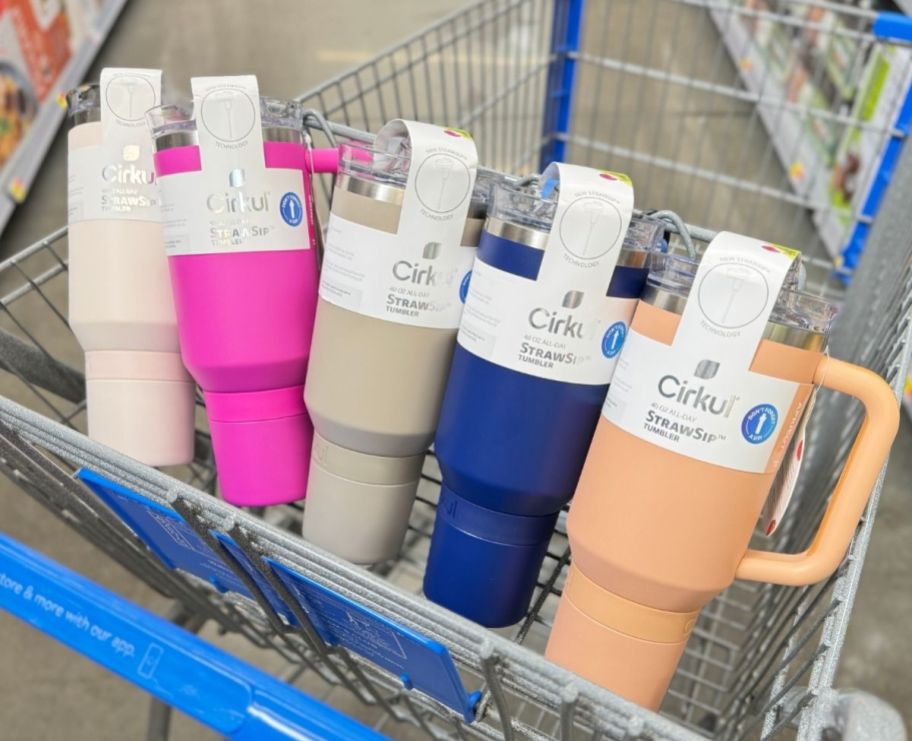 five 40oz cirkul tumblers in different colors in a shopping cart