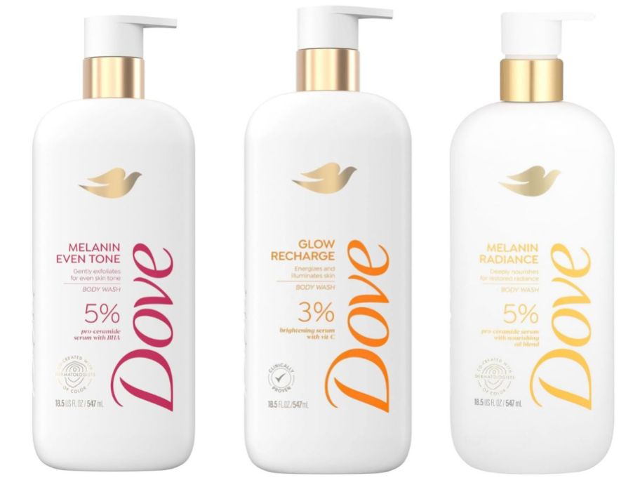 three bottles of Dove Exfoliating Body Washes