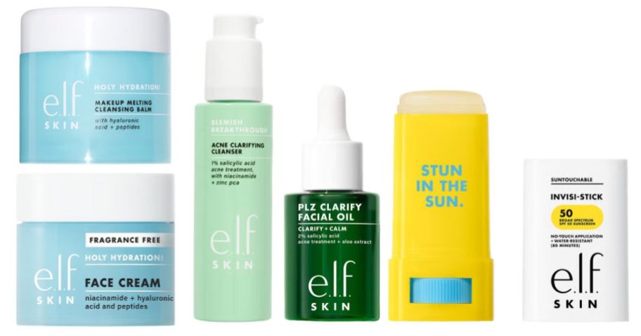 elf cosmetics cleansing balm, face cream, acne cleanser, facial oil, and invisistick
