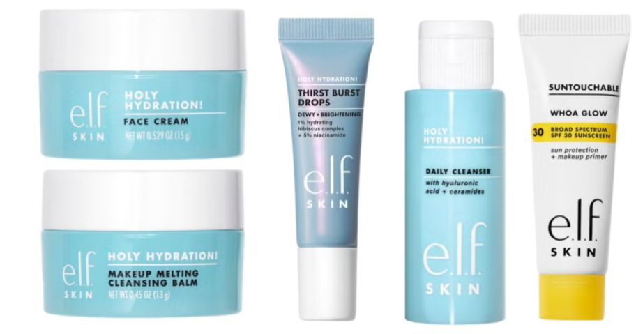 elf cosmetics face cream, cleansing balm, thirst burst drops, daily cleanser, and whoa glow