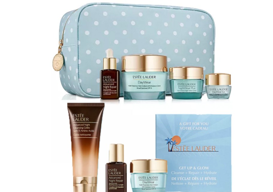 estee lauder skincare products with blue and white makeup bag 