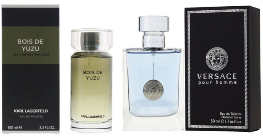Bois De Yuzu Karl Lagerfield Spray bottle next to box and Versace Signature Pour Homme Spray bottle next to box