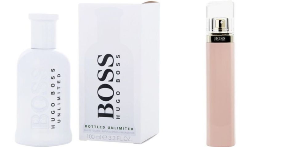 boss unlimited spray bottle next to box and Hugo Boss Ma Vie Spray bottle