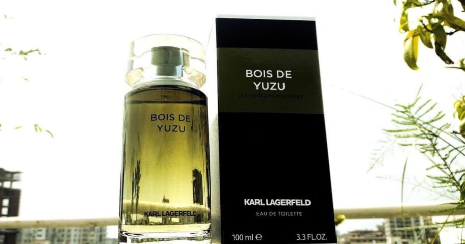 Bois De Yuzu Karl Lagerfield Spray bottle next to box sitting o ledge with cityscape in the background