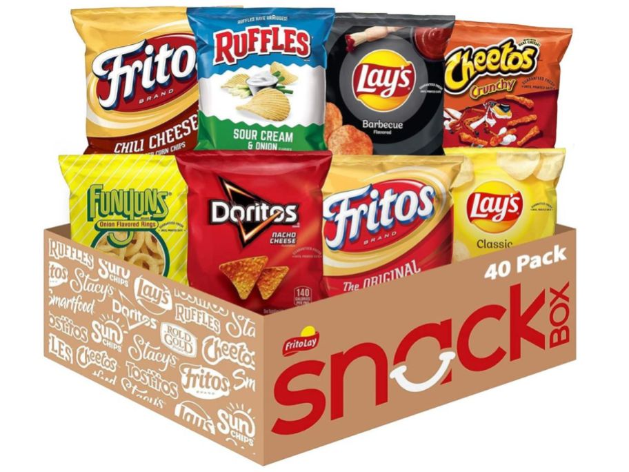 Frito-Lay Party Mix Variety Pack 40-Count box with fritos, ruffles, lays, cheetos, funyuns, and doritos in it