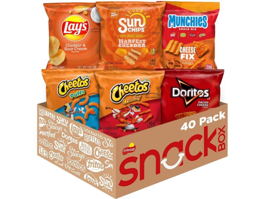 Frito Lay Cheesy Mix Variety Pack 40-Pack box with lays, sun chips, munchies, cheetos, and doritos in it