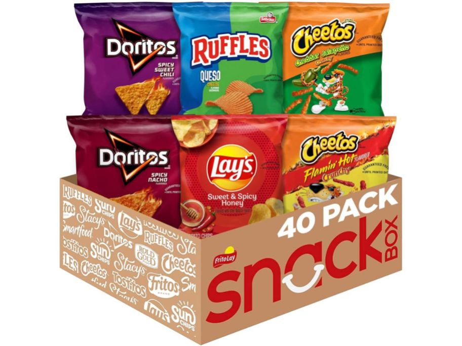 Frito-Lay Cheesy Spicy Sweet Variety Pack 40-Count box with doritos, ruffles, cheetos, and lays in it