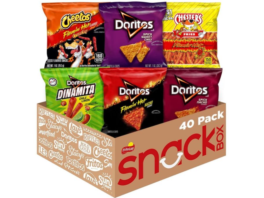 Frito Lay Fiery Mix Variety Pack 40-Count box with cheetos, doritos, and chester's in it