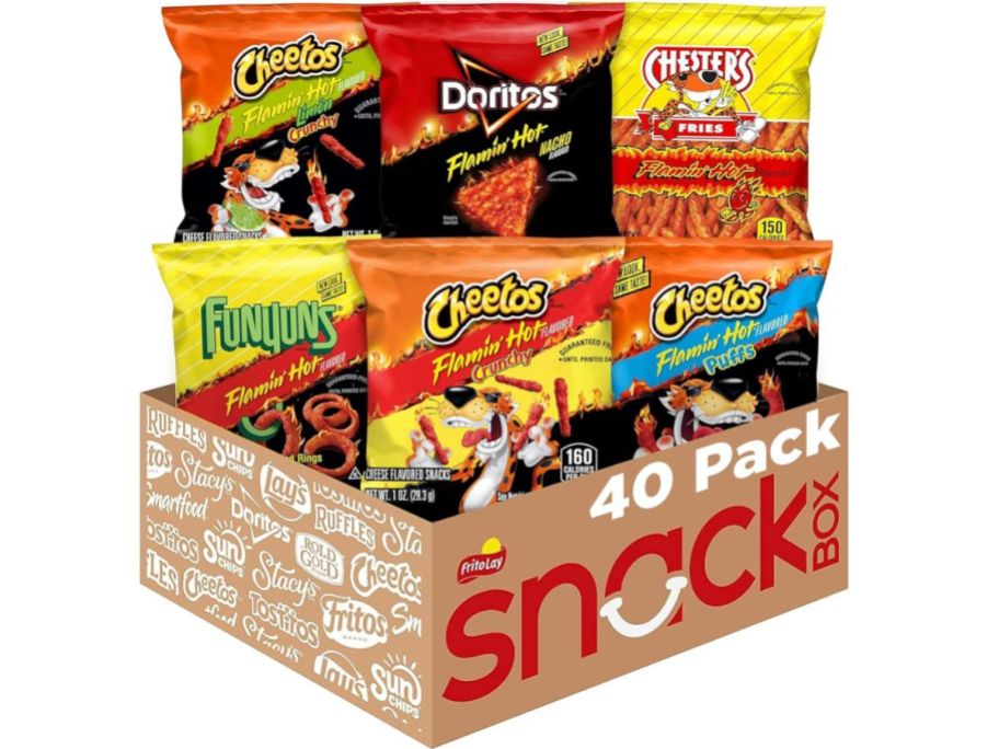 Frito-Lay Flamin' Hot Mix Variety Pack 40-Count box with cheetos, doriots, chester's and funyuns in it