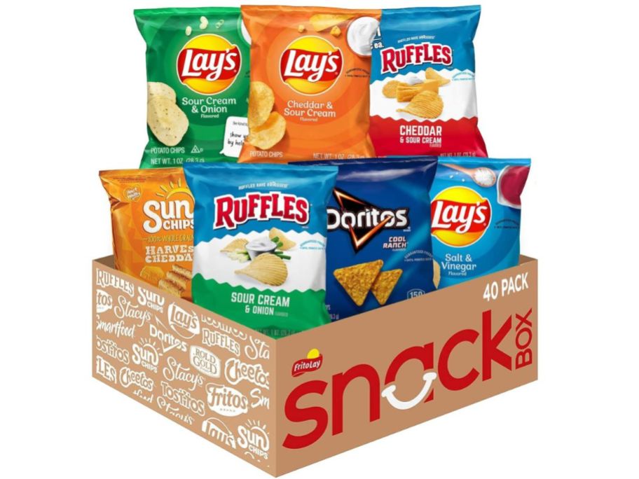 Frito-Lay Tangy Favorites Mix Variety Pack 40-Count box with lays, ruffles, sun chips, and doritos in it