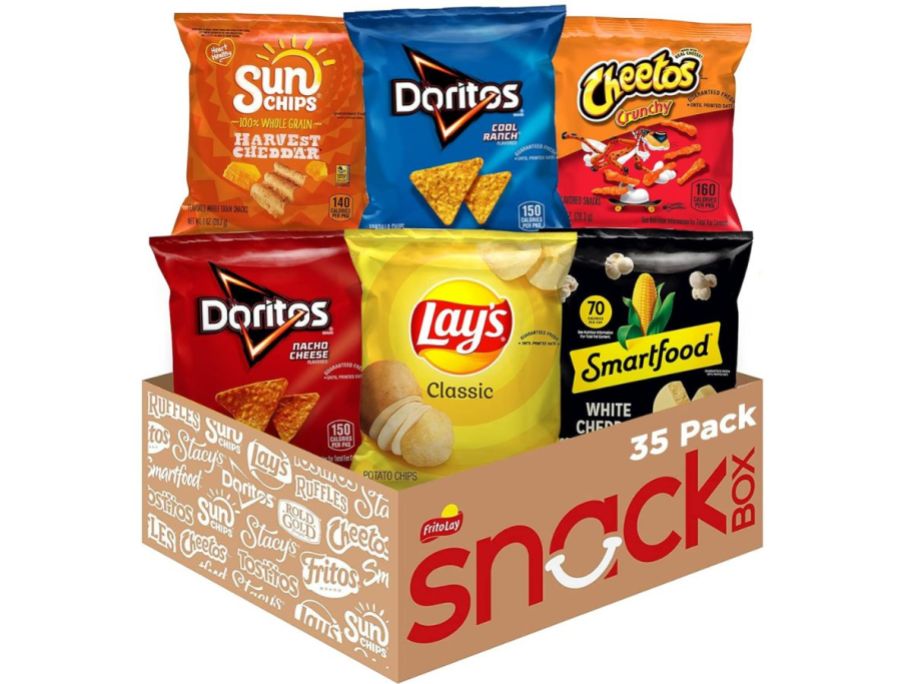 Frito-Lay Classic Mix Variety Pack 35-Count box with sun chips, doriotos, cheetos, lays, and smartfood in it