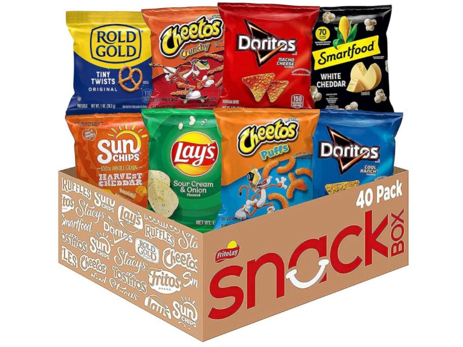 Frito-Lay Fun Times Mix Variety Pack 40-Count box with rold gold, cheetos, doritos, smartfood, sun chips, and lays in it