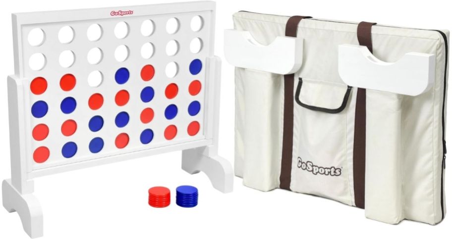 a 24 inch wooden 4 in a row game with carrying case