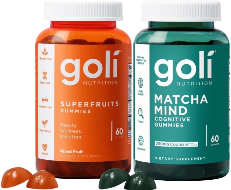a bottle of superfruits gummies shown with a bottle of match mind boosting gummies