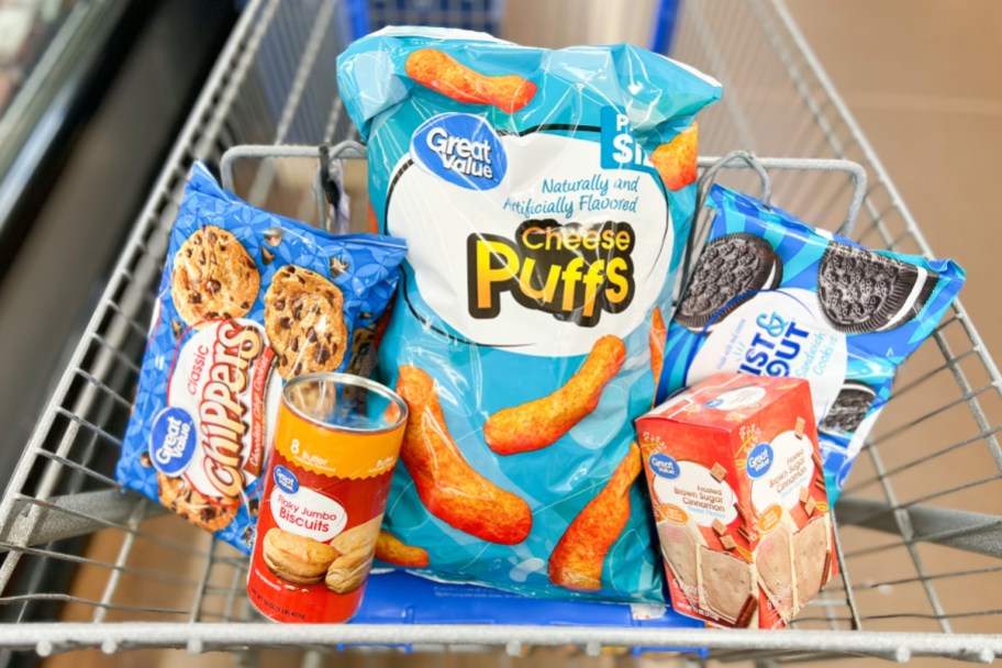 off brand chips, cookies, biscuits, and pop tarts in shopping cart