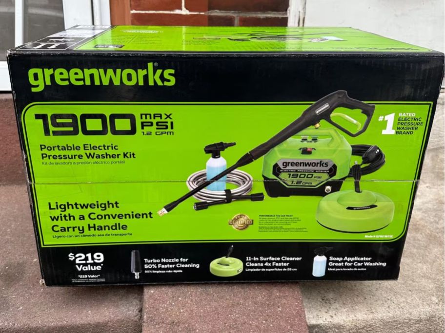 Greenworks 1900 PSI 1.2 GPM Electric Pressure Washer Combo Kit box on step