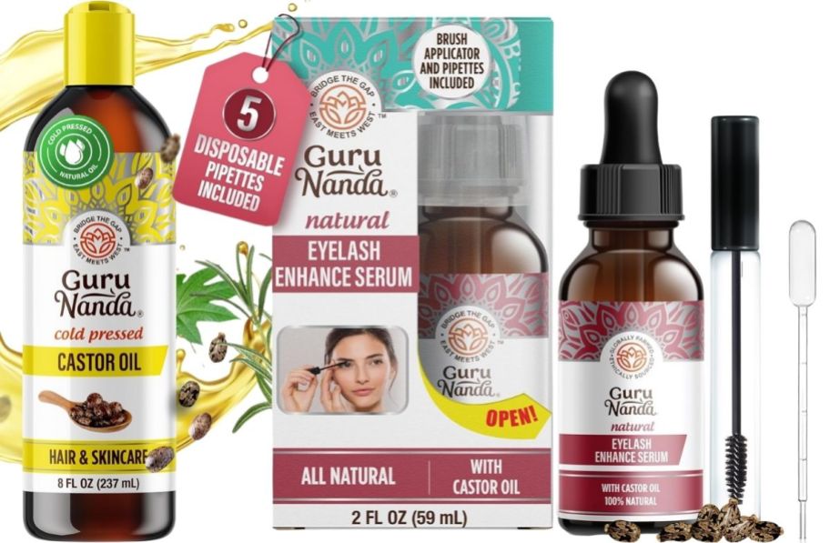 a bottle of guru nanda castor oil shown with a bottle of castor oil eyelash serum