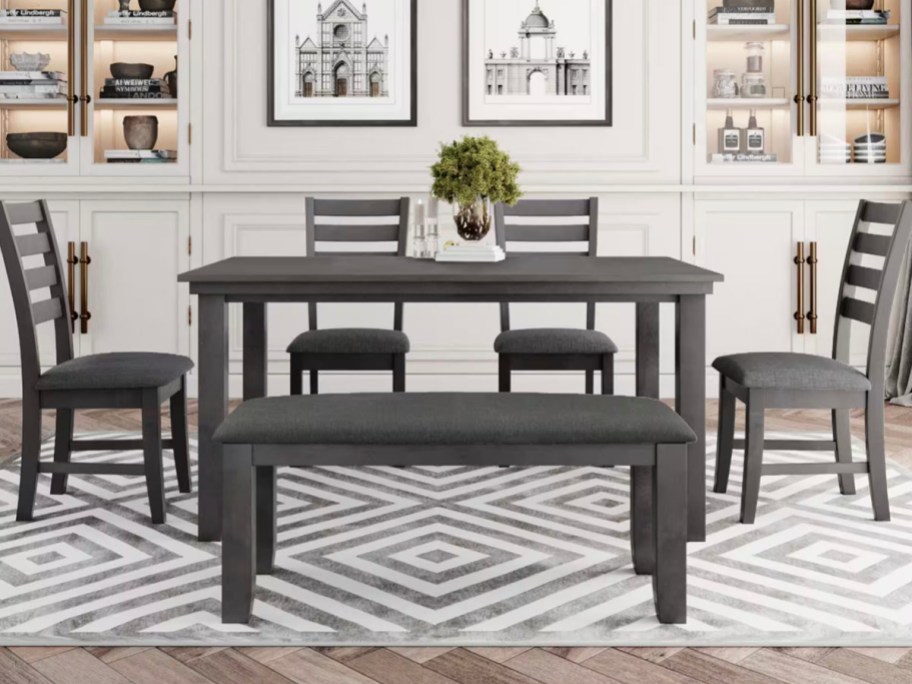 black dining table with 4 chairs and bench 