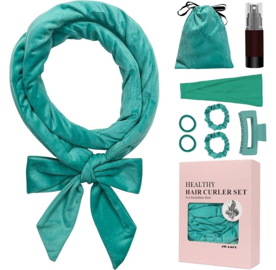 a 9-piece set of heatless curlers in blue green velour