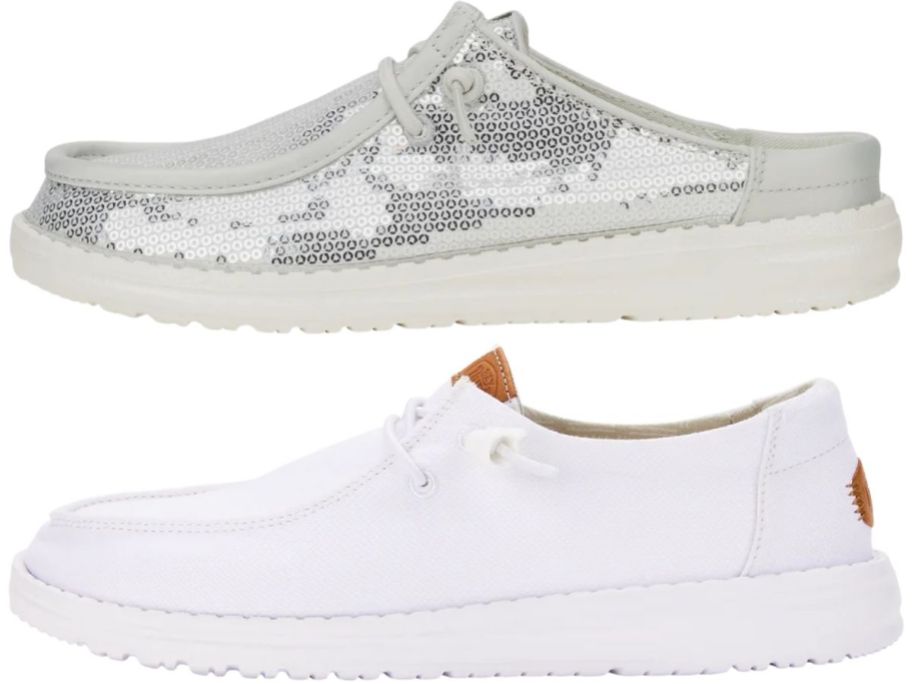 a white canvas hey dude womens sneaker and a silver sequined slip on womens sneaker