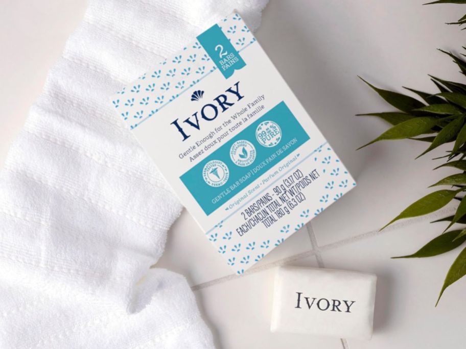 package of Ivory soap on a white towel