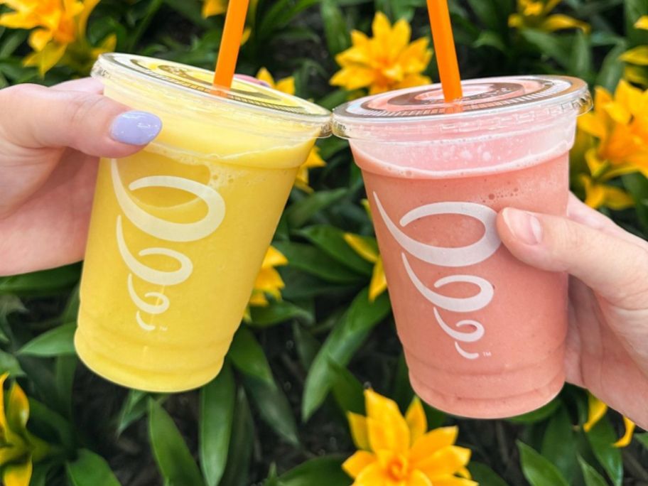 two hands holding Mango-A-Go-Go or Strawberry Whirl Smoothies