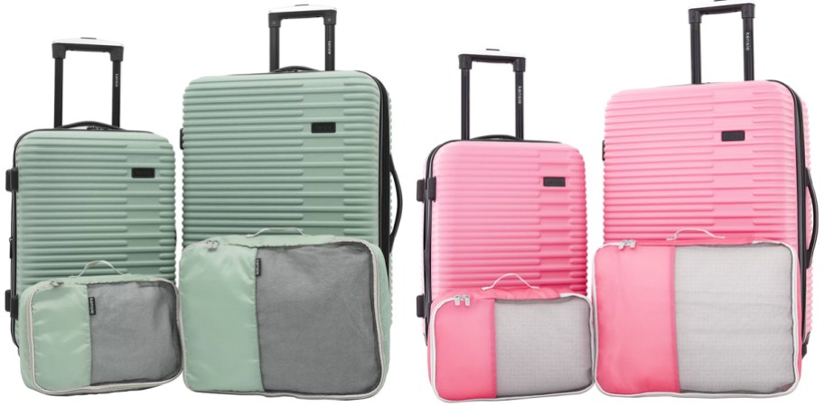 green and pink luggage sets with packing cubes