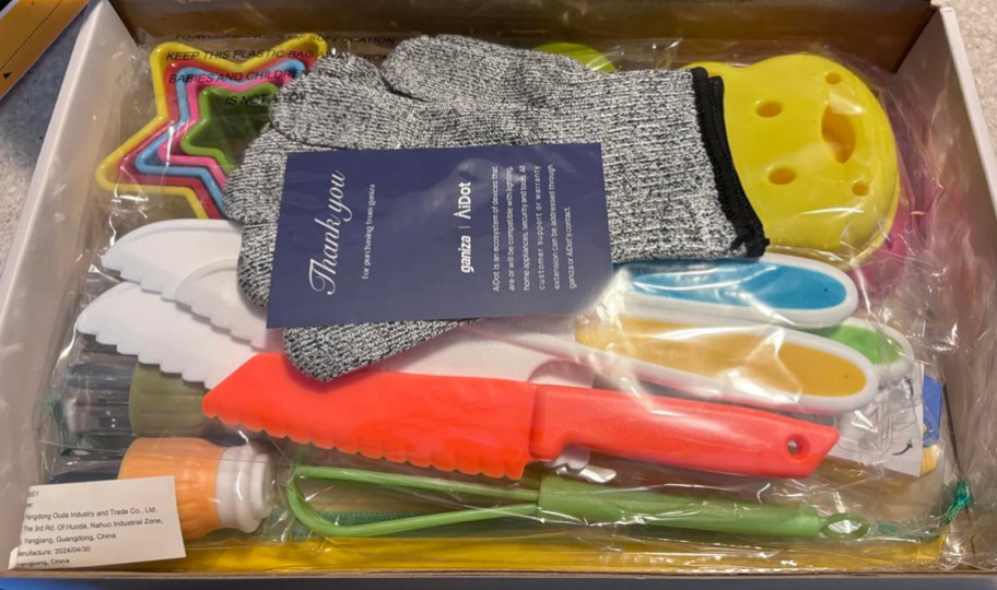 kids colorful kitchen set in a box wrapped in cellophane