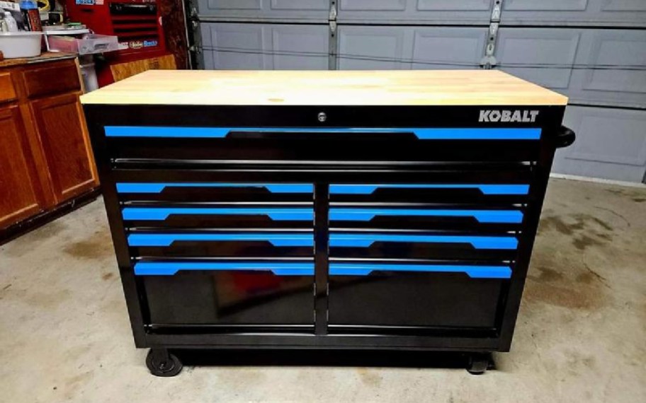 black and blue kobalt tool bench