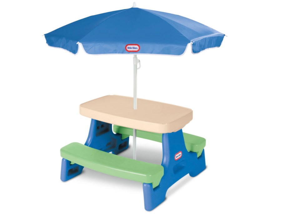 blue and green little tikes picnic table with umbrella 