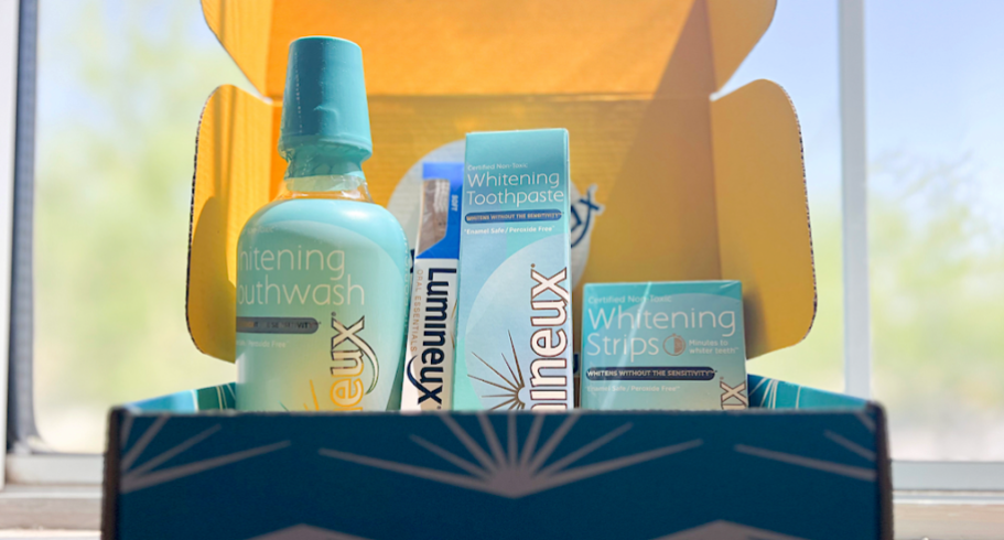 Lumineux Teeth Whitening Kit in box in front of window