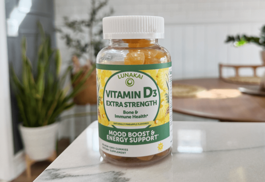 bottle of D3 gummies on counter