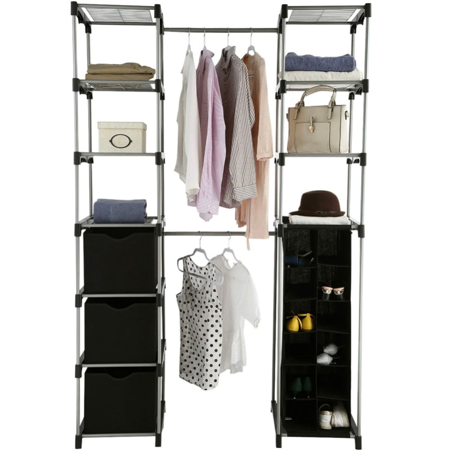 closet organizer with clothes hanging 