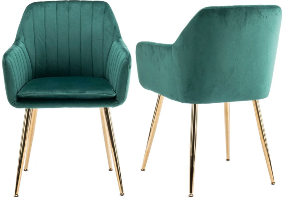 two green velvet chairs with gold legs 