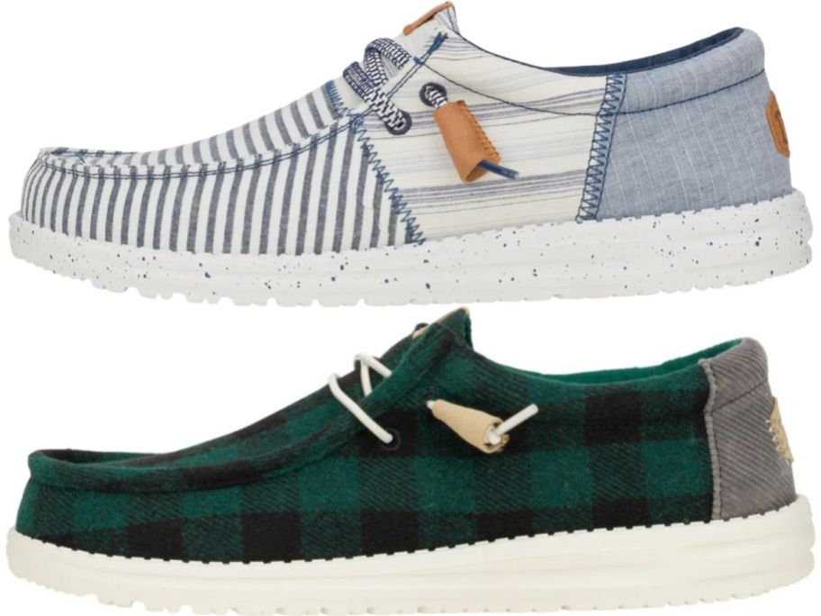 a blues and whte mens casual slip on shoe shown with a green and black buffalo check mens slip on shoe