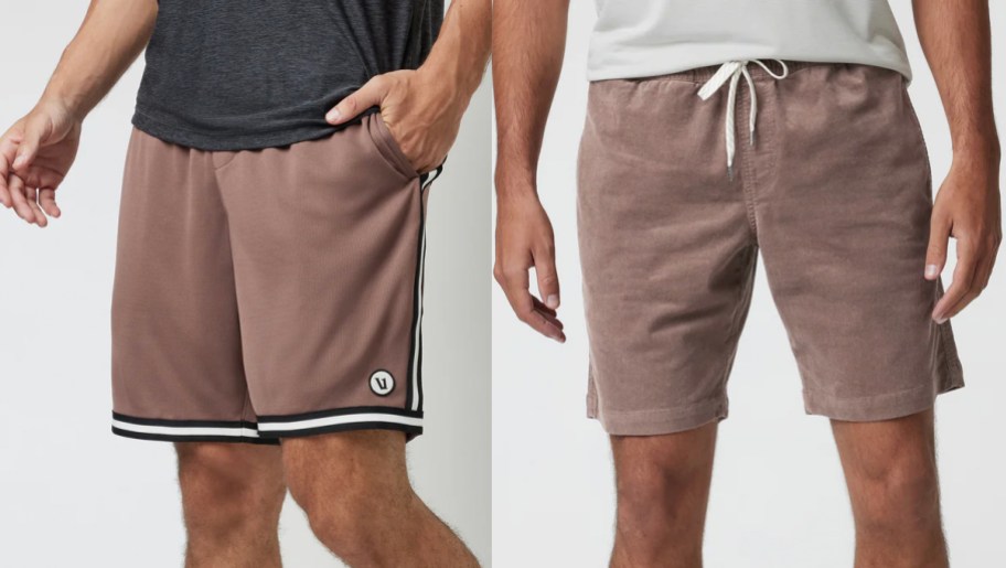 two men wearing light maroon shorts 