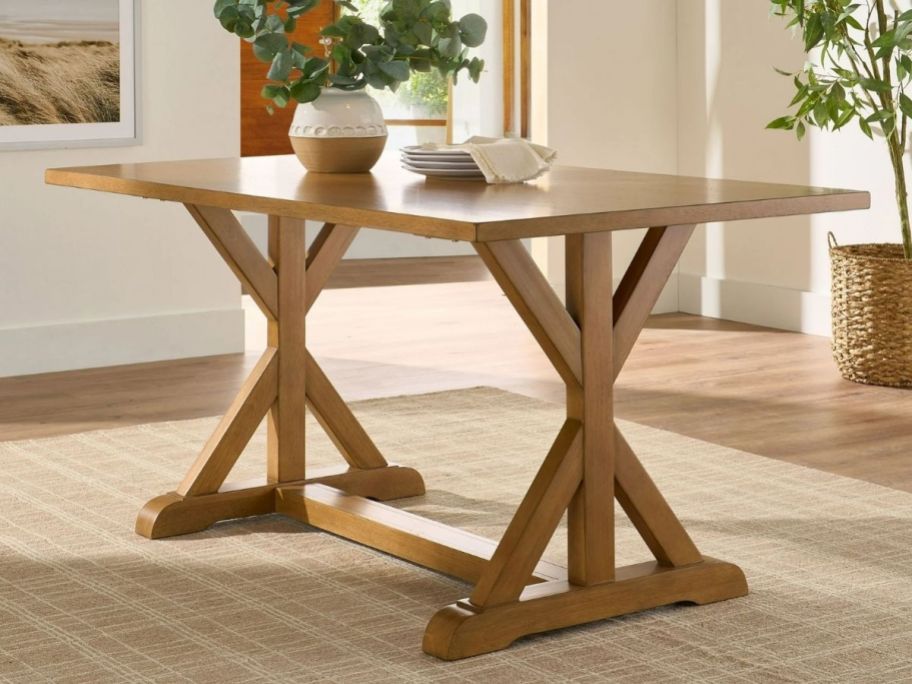 a rectangle shaped wooden dining table