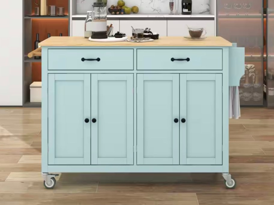 teal and wood kitchen island