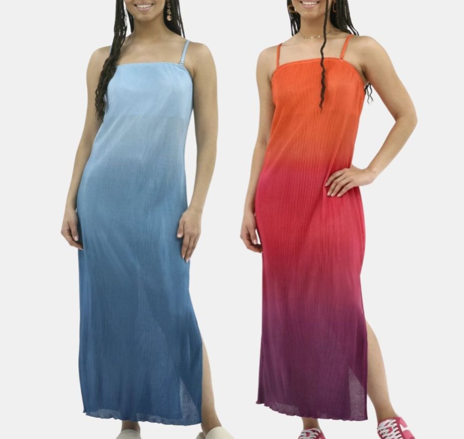 two models in ombre colored maxi tube dresses, one in shades of blue and one in shades of red