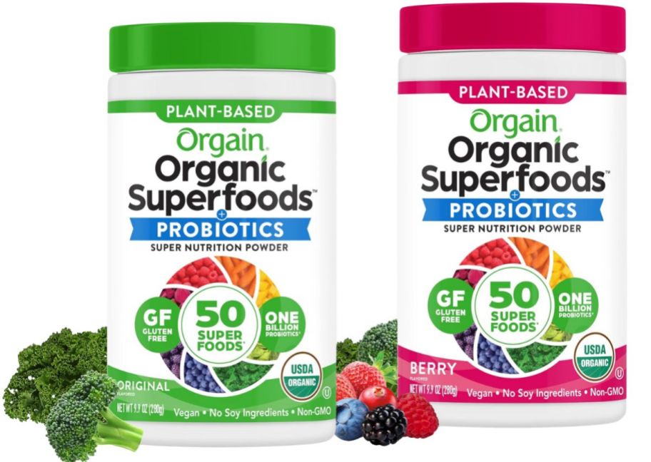 orgain probiotic greens powders in original and berry flavor stock images