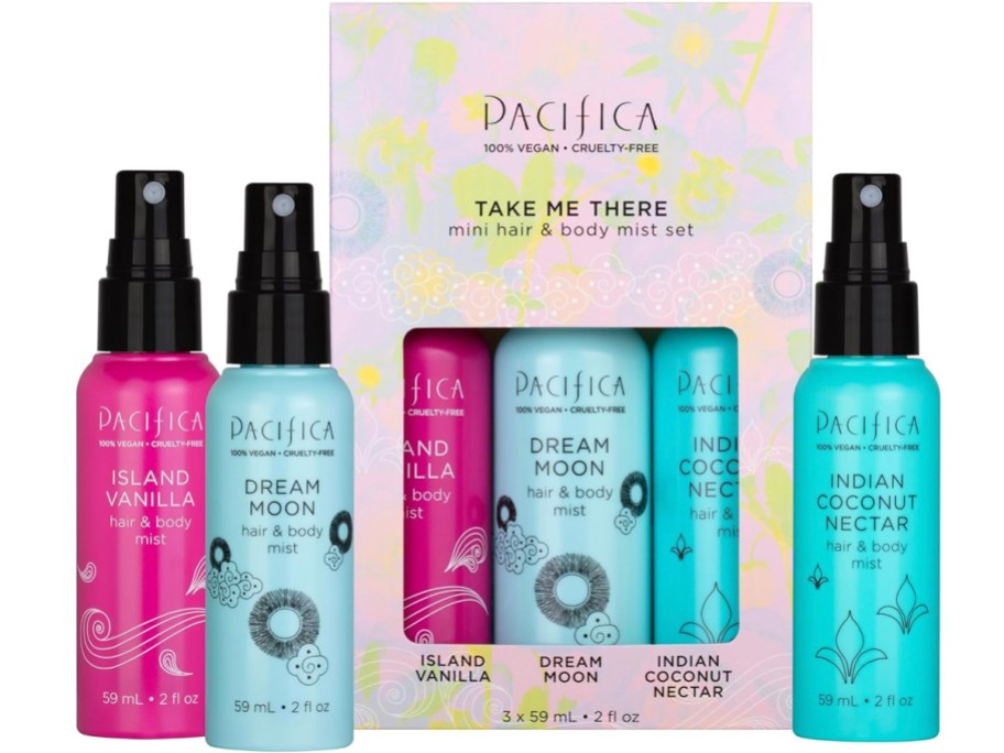 pacifica hair and body mist giftset and bottles sitting in front