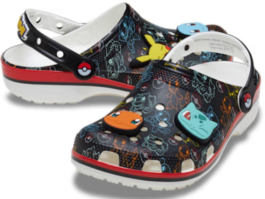 a pair of black, red, blue, yellow, and orange Pokemon Crocs clogs