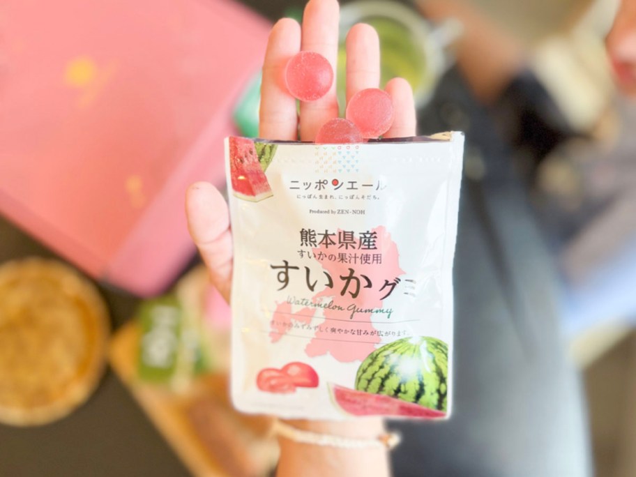 hand holding japenese treat bag and treats 
