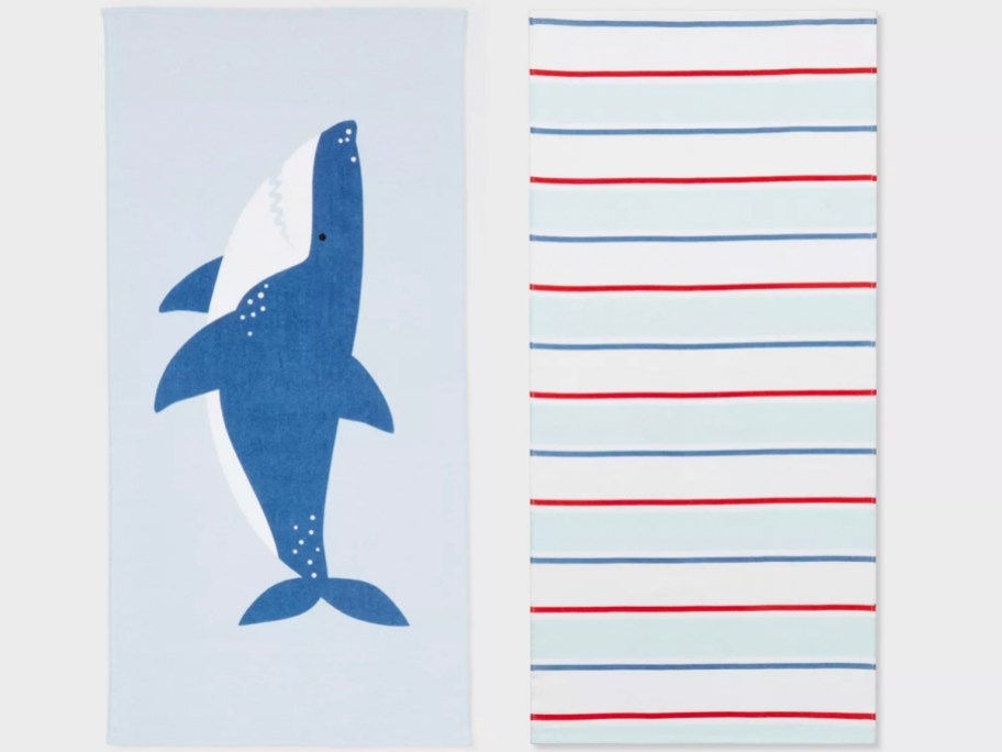 shark and blue and red striped beach towels 