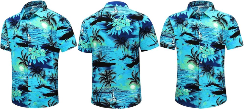 three blue hawaiian shirts in a row