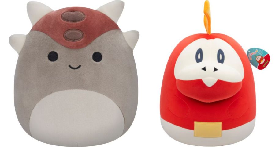 a dino and a pokemon squishmallow plush